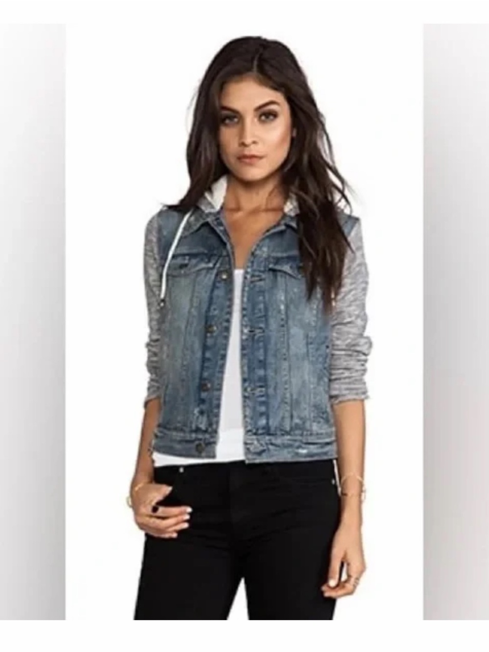 Free People Blue Denim Jacket with Gray Knit Hood & Sleeves